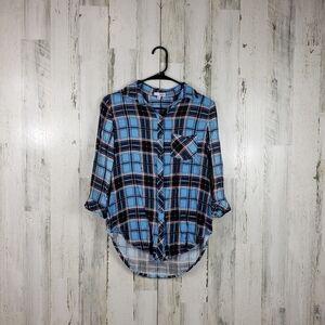 bongo blue plaid flannel like long sleeve shirt women's size small